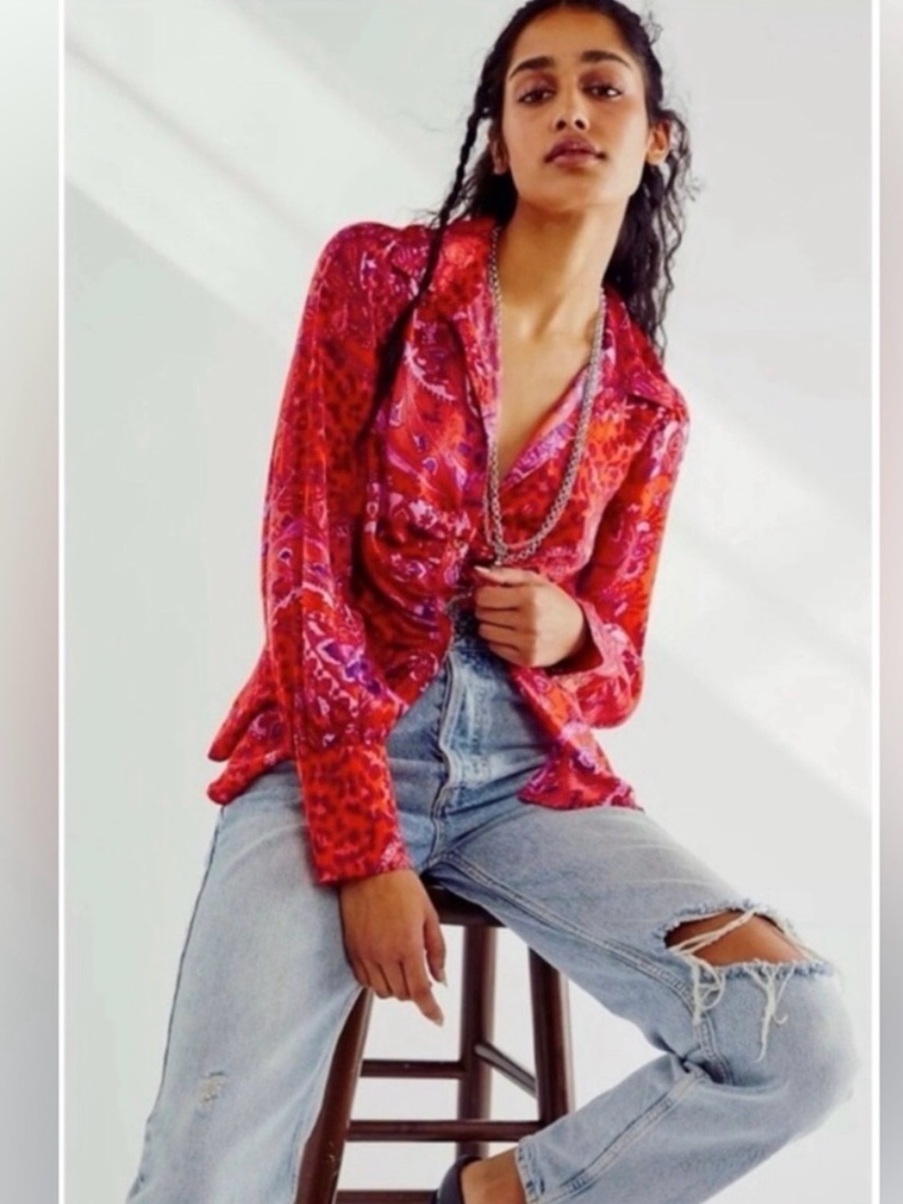 Free People Bianca Printed Ruched Blouse Paisley Button up Leopard XS